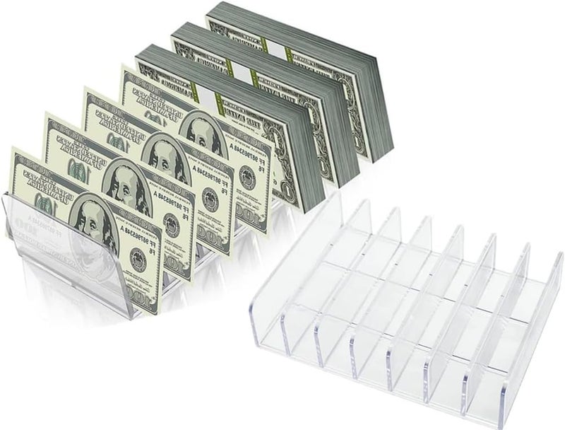 DDRAUY 2 Pack Acrylic Money Organizer Cash Trays,7 Section Dividers Money Organizer,Eyeshadow Makeup Palette Organizer,Clear Bill Money Organizer for Cash Envelope Card - Image 1
